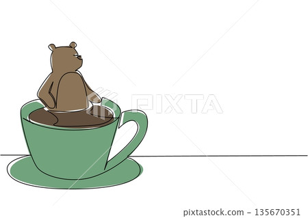 Single line drawing of adorable brown bear for nature concept features cute animal soaking in a coffee cup. Colorful grizzly celebrates an international cafe day theme with the forest beast 135670351