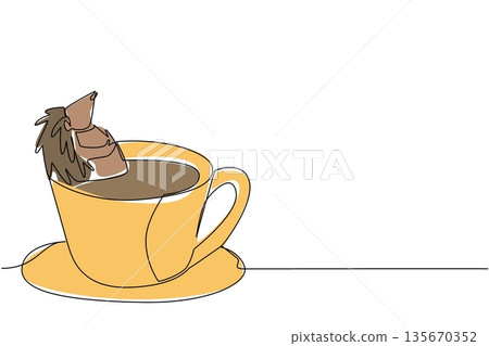 Continuous line drawing of spiny cute animal shows brown hedgehog soaking in coffee cup for nature concept. Colorful art is perfect for international coffee day theme with an adorable forest creature Continuous line drawing of spiny cute animal shows brown hedgehog soaking in coffee cup for nature concept. Colorful art is perfect for international coffee day theme with an adorable forest creature 135670352