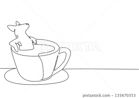 One line drawing of playful hyena shows cute animal soaking in coffee cup for nature concept. Unique design features the savanna creature for an international cafe day theme in minimalist One line drawing of playful hyena shows cute animal soaking in coffee cup for nature concept. Unique design features the savanna creature for an international cafe day theme in minimalist 135670353