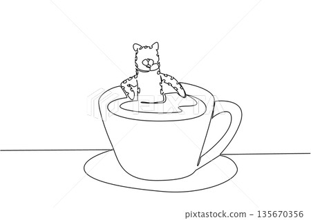 Continuous line drawing of cute cheetah depicts big animal soaking in coffee cup for nature concept. Simple illustration fits an international coffee day theme for huge wild cat lovers 135670356