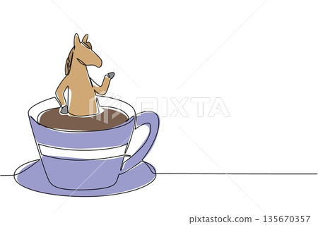 Continuous line drawing of brown horse for nature concept features cute animal soaking in coffee cup. Colorful art represents an international equestrian day theme with playful pony and nursery print Continuous line drawing of brown horse for nature concept features cute animal soaking in coffee cup. Colorful art represents an international equestrian day theme with playful pony and nursery print 135670357