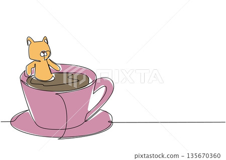 One line drawing of Adorable calico cat features pet animal soaking in a coffee cup for nature concept. Colorful art is ideal for an international kitten day theme and playful home cafe decor One line drawing of Adorable calico cat features pet animal soaking in a coffee cup for nature concept. Colorful art is ideal for an international kitten day theme and playful home cafe decor 135670360