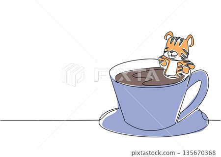 One line drawing of cute animal shows an orange tiger soaking in coffee cup for nature concept. Colorful art is perfect for international wildlife day theme, kids room decor and child storybook cover 135670368