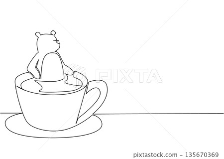 One line drawing of playful brown bear shows cute animal soaking in coffee cup for nature concept. Unique design features grizzly for an international cafe day theme in a minimalist style One line drawing of playful brown bear shows cute animal soaking in coffee cup for nature concept. Unique design features grizzly for an international cafe day theme in a minimalist style 135670369