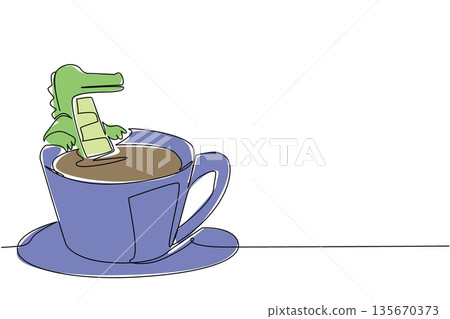 Continuous line drawing of playful green crocodile for nature concept features cute animal soaking in a coffee cup. Colorful art represents an international reptile day theme with adorable creature 135670373