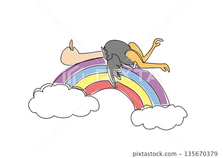 Continuous line draw of tall compact ostrich, with feathery body and long sandy neck, lies in supine sleep. Gentle slumber on colorful rainbow, embrace by soft white clouds below in vast savanna sky 135670379