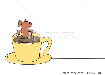Single line drawing of lovely adorable animal shows brown dog soaking in coffee cup for nature concept. Colorful art is perfect for an international coffee day theme with an charming pet mammal 135670380