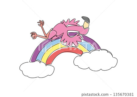 Single line draw of vibrant pink flamingo, with its long, slender legs and delicate feathers, gracefully drapes itself in supine sleep. It finds rainbow arch floats amidst fluffy, sun kissed clouds 135670381