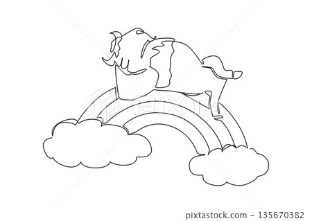 Continuous line drawing of sturdy American bison sleeping supine on a rainbow. Nature concept design captures a plains theme for National Bison Day. Minimalist art for conservation park souvenir 135670382