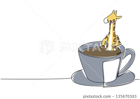 Single line drawing of adorable giraffe for nature concept features a cute animal soaking in a coffee cup. Colorful graphic celebrates an international cafe day theme with the African safari animal Single line drawing of adorable giraffe for nature concept features a cute animal soaking in a coffee cup. Colorful graphic celebrates an international cafe day theme with the African safari animal 135670383