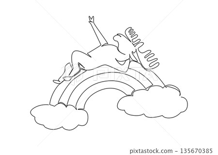 One line drawing of majestic bull moose with wide antler sleeping supine on a rainbow. Nature concept art woodland theme for Canada Day. Creative illustration for kids camping gear logo 135670385