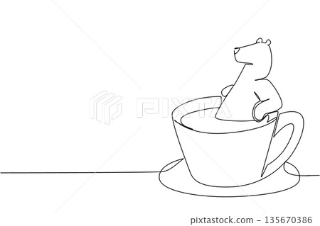 Continuous line drawing of polar bear shows cute animal soaking in coffee cup for nature concept. Unique design features the arctic creature for an international polar bear day theme and cafe logo 135670386