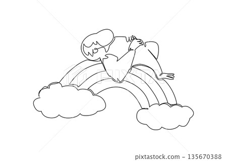 Single line drawing of cute shaggy bornean orangutan sleeping supine on rainbow. Nature concept rainforest theme for International Orangutan Day. Cute design for threatened species campaign Single line drawing of cute shaggy bornean orangutan sleeping supine on rainbow. Nature concept rainforest theme for International Orangutan Day. Cute design for threatened species campaign 135670388