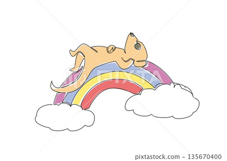 Single line drawing of cute meerkat animal sleeping belly up on a rainbow with clouds. Nature concept, International Day of Happiness theme, cute nursery art and kids wall decor illustration 135670400