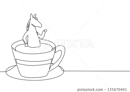 Continuous line drawing of majestic horse shows cute animal soaking in coffee cup for nature concept. Unique design features the farm creature for an international equestrian day theme Continuous line drawing of majestic horse shows cute animal soaking in coffee cup for nature concept. Unique design features the farm creature for an international equestrian day theme 135670401
