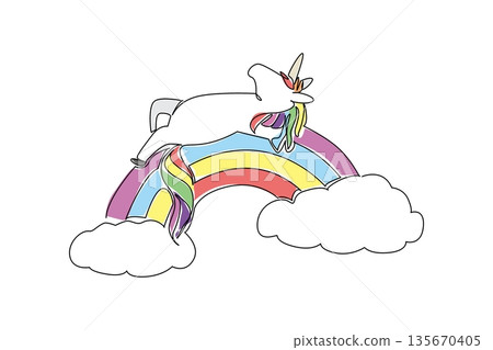 One line draw of cute majestic unicorn sleeping on back on rainbow with soft pastel fills, flowing mane and horn for magical feel. Perfect for princess fantasy themes, birthday cards, and nursery art One line draw of cute majestic unicorn sleeping on back on rainbow with soft pastel fills, flowing mane and horn for magical feel. Perfect for princess fantasy themes, birthday cards, and nursery art 135670405