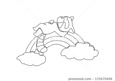 Continuous line drawing of red panda napping belly up across rainbow, bushy fluffy, stripped tail curl draped along arc. Clean outline for kawaii animal sets, stationery, and cute branding Continuous line drawing of red panda napping belly up across rainbow, bushy fluffy, stripped tail curl draped along arc. Clean outline for kawaii animal sets, stationery, and cute branding 135670406