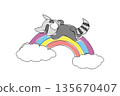 Single line draw of lovable cute raccoon sleeping supine across rainbow, with mask face and striped tail as fun point. Adorable woodland or urban wildlife vibe for sticker pack, planner, and kids book 135670407
