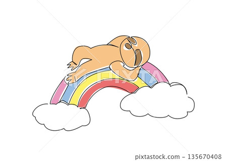 Continuous line draw of adorable slow sloth, with its long claws and perpetually serene expression, lies upside down in supine position. Perfect for inspiring joy, fun, and cheerish in children themes Continuous line draw of adorable slow sloth, with its long claws and perpetually serene expression, lies upside down in supine position. Perfect for inspiring joy, fun, and cheerish in children themes 135670408