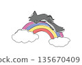 One line drawing of small, cute playful skunk, with its characteristic bold stripe down its back, lies peacefully in supine position. perfect for unique kids decor, nature print and children storybook 135670409