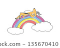 Continuous line draw of cute elegant baby antelope, gazelle style, resting belly up on rainbow arc, tiny horns with fluffy cloud end. Minimal wildlife illustration for safari themes and children art 135670410