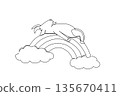 Continuous line drawing of sweet cute baby goat resting its head while lying supine on a vibrant rainbow arc with soft fluffy clouds. Nature concept design farm for Goat Awareness Month. 135670411
