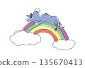 One line drawing of gentle baby donkey lying flat on back with hooves tucked in, napping atop bright rainbow arc. Clean outline and soft pastel fill, ideal for kids print, sticker, and nursery decor 135670413