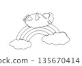 One line drawing of charming illustration of a fluffy baby sheep lying on its back in a relaxed supine position atop a rainbow arc. Nature concept farm theme for World Farm Animals Day 135670414