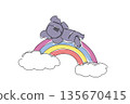 Continuous line drawing of playful adorable koala animal sleeping supine on rainbow with white soft fluffy clouds, nature concept. International Day of Happiness theme, cute nursery art illustration 135670415