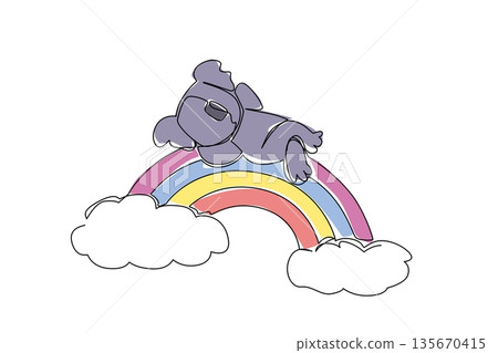 Continuous line drawing of playful adorable koala animal sleeping supine on rainbow with white soft fluffy clouds, nature concept. International Day of Happiness theme, cute nursery art illustration Continuous line drawing of playful adorable koala animal sleeping supine on rainbow with white soft fluffy clouds, nature concept. International Day of Happiness theme, cute nursery art illustration 135670415