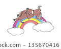 One line drawing of graceful adorable buffalo sleeping supine on a rainbow with clouds, sturdy body and curved horns in calm, cute pose. Ideal for safari branding, wildlife sets, and kids posters 135670416