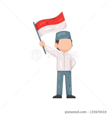 Illustration of man holding Indonesia flag 135670419