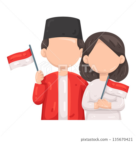 Illustration of couple holding Indonesia flag Illustration of couple holding Indonesia flag 135670421
