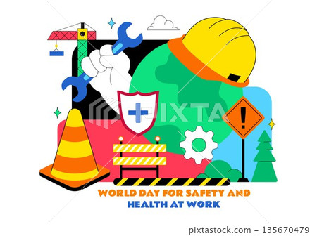 World Day For Safety And Health At Work Vector Illustration April 28 Featuring Mechanic Tools Construction Helmet Flat Cartoon Background 135670479