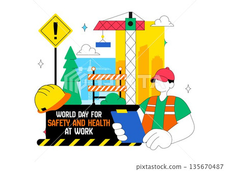 World Day For Safety And Health At Work Vector Illustration April 28 Featuring Mechanic Tools Construction Helmet Flat Cartoon Background 135670487