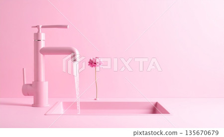A modern pink and white bathroom interior design featuring a sleek faucet and sink against a stylish wall with a mirror and frame A modern pink and white bathroom interior design featuring a sleek faucet and sink against a stylish wall with a mirror and frame 135670679