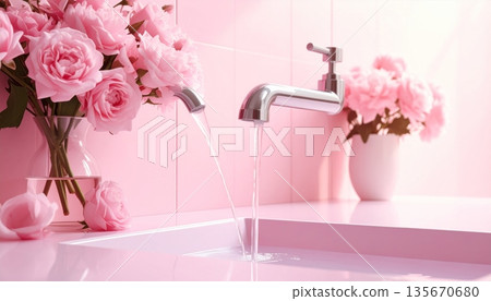 A modern pink and white bathroom interior design featuring a sleek faucet and sink against a stylish wall with a mirror and frame A modern pink and white bathroom interior design featuring a sleek faucet and sink against a stylish wall with a mirror and frame 135670680