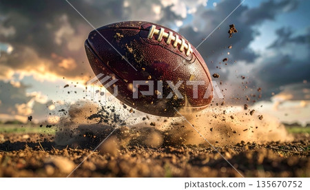 A brown leather pigskin american football ball sits on green grass as a vector illustration icon for sports game equipment and team competition design 135670752