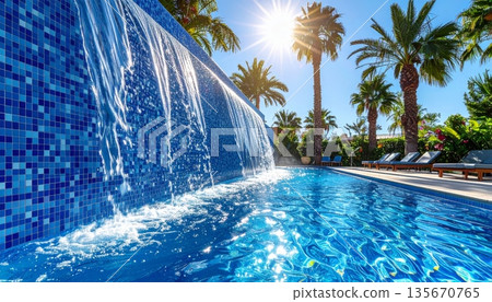 Relax in the luxury blue water of a tropical resort swimming pool surrounded by palm trees and a summer sky for the ultimate travel vacation 135670765