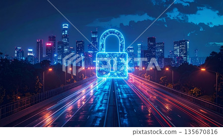 A vibrant Hong Kong city night view features glowing skyscrapers and urban traffic speeding along a downtown highway street under a luminous China skyline 135670816