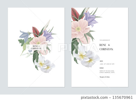 Floral wedding invitation card template design, various types of flowers and leaves bouquet Floral wedding invitation card template design, various types of flowers and leaves bouquet 135670961