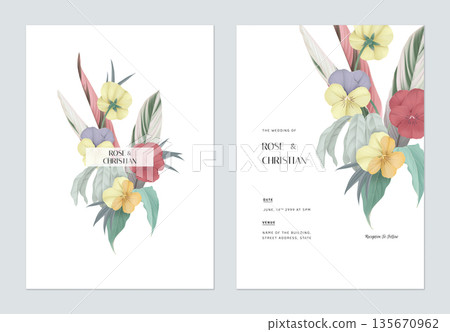 Floral wedding invitation card template design, various types of flowers and leaves bouquet Floral wedding invitation card template design, various types of flowers and leaves bouquet 135670962