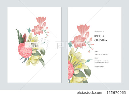 Floral wedding invitation card template design, various types of flowers and leaves bouquet 135670963