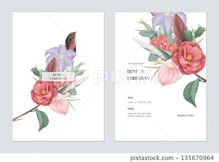 Floral wedding invitation card template design, various types of flowers and leaves bouquet 135670964