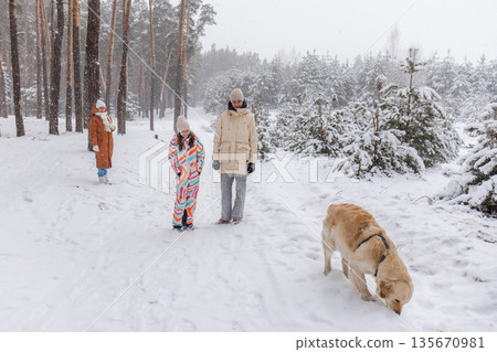 Family winter walk in snowy pine forest with golden retriever dog, children and adults enjoying cold weather outdoor leisure and calm holiday atmosphere with falling snow Family winter walk in snowy pine forest with golden retriever dog, children and adults enjoying cold weather outdoor leisure and calm holiday atmosphere with falling snow 135670981