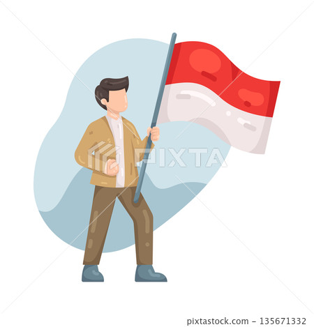 Illustration of man holding Indonesia flag Illustration of man holding Indonesia flag 135671332
