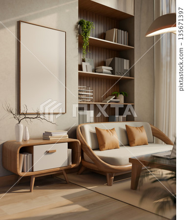Blank frame on wall over table aside sofa and bookshelf on wooden floor in a modern living room Blank frame on wall over table aside sofa and bookshelf on wooden floor in a modern living room 135671397