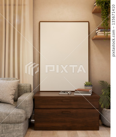 Blank frame placing on wooden drawer cabinet aside fabric sofa and on wooden floor in a living room. Blank frame placing on wooden drawer cabinet aside fabric sofa and on wooden floor in a living room. 135671410
