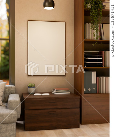 Blank frame hanging on wall over a drawer cabinet aside sofa and wooden bookshelf in a living room. Blank frame hanging on wall over a drawer cabinet aside sofa and wooden bookshelf in a living room. 135671411