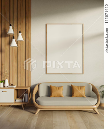 Blank frame hanging on white wall over wooden sofa on parquet floor in sunlit room of modern house. 135671420